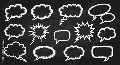 A collection of various white chalk speech and thought bubbles drawn on a black chalkboard background.