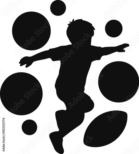 A black silhouette of a child jumping amidst a variety of black circles and an oval shape