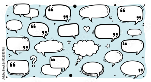 A collection of various hand-drawn speech bubbles and thought clouds on a light blue background with small dots and stars.