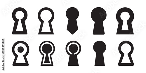 Keyhole Icons Collection. Black Silhouettes and Outlines on White for Security Design.