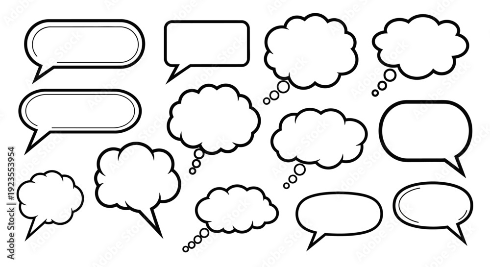 Fototapeta premium A collection of various speech and thought bubbles in different shapes and sizes, presented in a clean, black and white vector illustration.