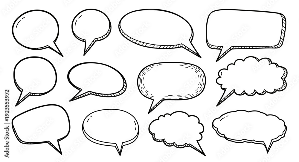 Fototapeta premium A collection of hand-drawn speech bubbles in various shapes and sizes, presented in a black and white sketch style.