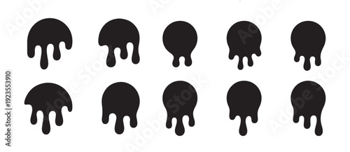Black Drips Collection. Ink Splatter, Liquid Drops, Gooey Shapes, Abstract Paint Textures for Design.