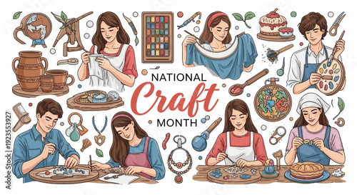 Illustration of people engaging in various DIY crafts and handmade projects for National Craft Month celebration.