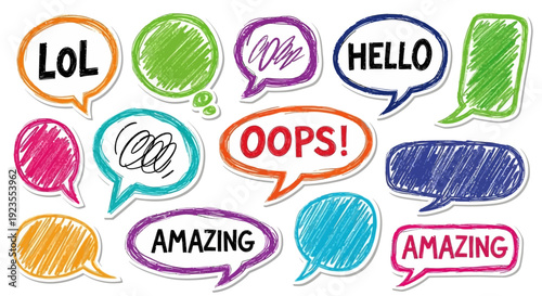 A collection of colorful, hand-drawn speech bubbles with various words and expressions like LOL, HELLO, and AMAZING.