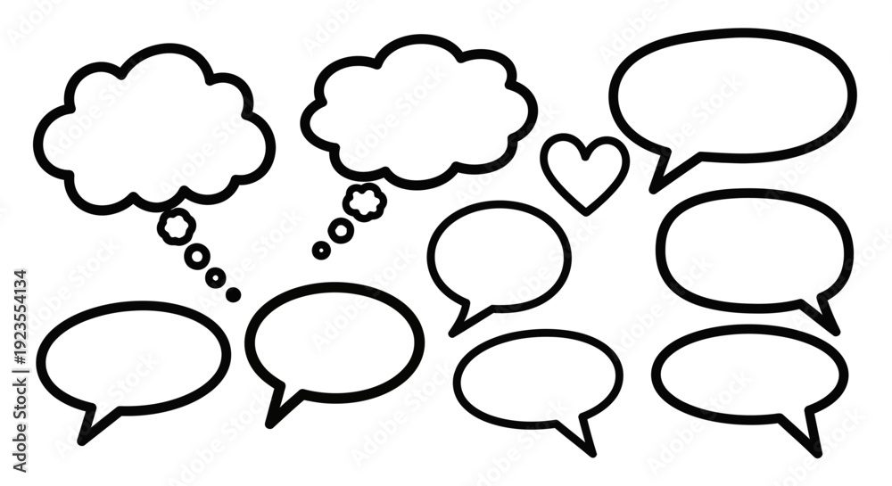 Fototapeta premium A collection of hand-drawn speech and thought bubbles, along with a small heart, arranged in a scattered pattern on a white background.