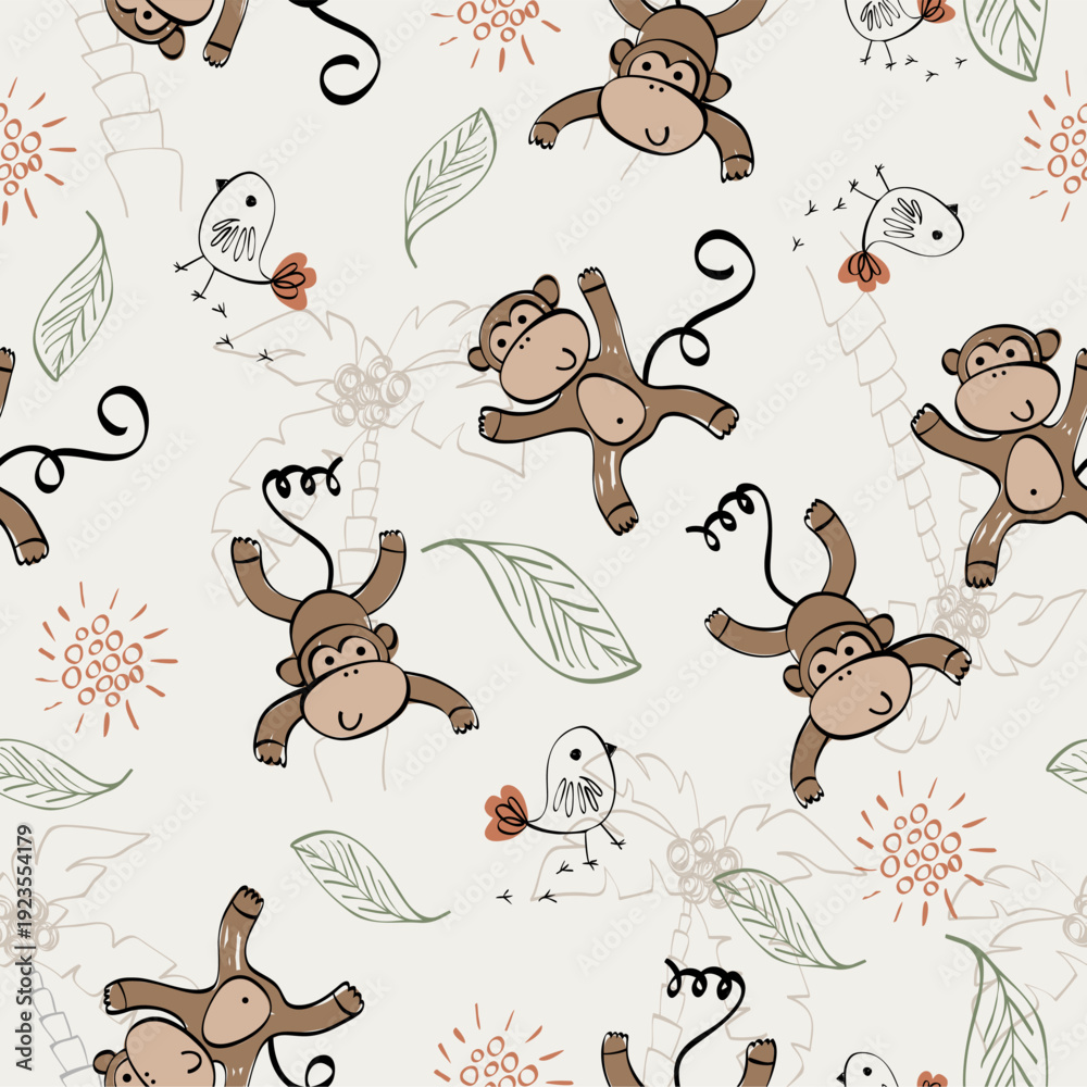 Fototapeta premium Vector seamless pattern with monkey. Kids background.