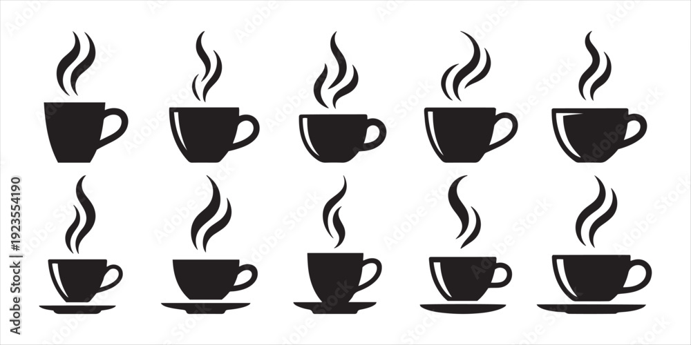 Obraz premium Black Steaming Coffee Cups Vector Icon Set. for Hot Beverages, Morning Drinks, and Cafe Designs.