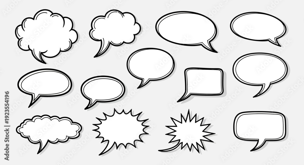 Fototapeta premium A collection of various hand-drawn speech bubbles and thought clouds in different shapes and sizes, isolated on a light gray background.