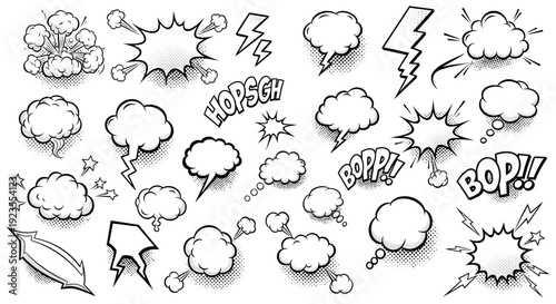 A collection of hand-drawn comic book style speech bubbles, sound effects, and action lines.