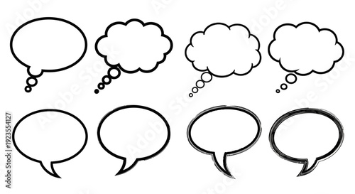 A collection of eight different speech and thought bubble graphic elements, presented in black and white.