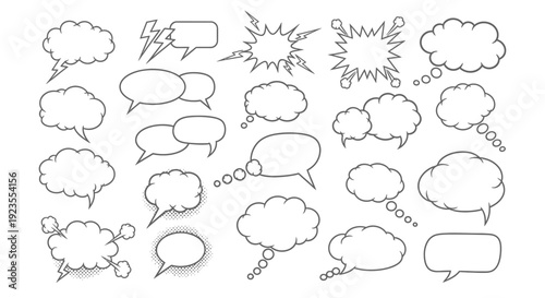 A collection of various hand-drawn speech bubbles and thought clouds in a black and white outline style, isolated on a white background.