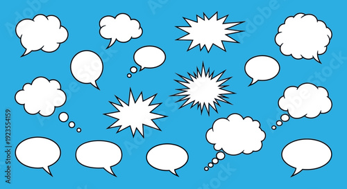 A collection of various hand-drawn speech bubbles and explosion shapes on a blue background.