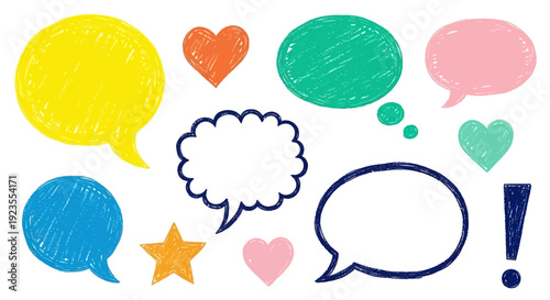 A collection of colorful hand-drawn speech bubbles, hearts, a star, and an exclamation mark on a white background.