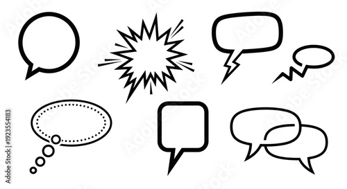 A collection of diverse comic book style speech and thought bubbles in black and white.