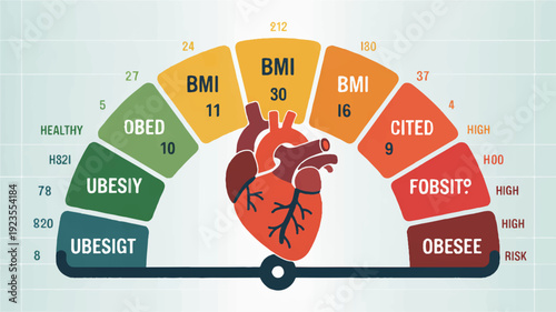 Medical infographic illustration showing bmi obesity scale with heart