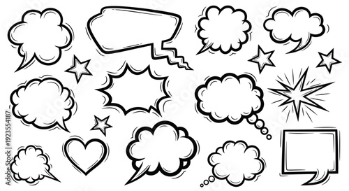 A collection of hand-drawn comic book style speech bubbles, thought clouds, and starbursts on a white background.
