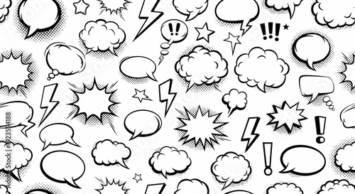 A dynamic and energetic collection of comic book style speech bubbles and lightning bolts, rendered in a black and white halftone pattern.