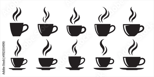Black Steaming Coffee Cups Vector Icon Set. for Hot Beverages, Morning Drinks, and Cafe Designs.