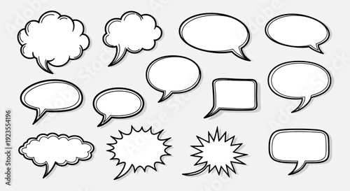 A collection of various hand-drawn speech bubbles and thought clouds in different shapes and sizes, isolated on a light gray background.