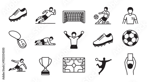 Football Soccer Glyph Icon Set, Player Actions and Sport Equipment, Solid Black Vector