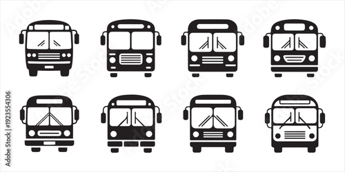 Black Bus Icons. on White Background, Front View, Vector Illustrations.