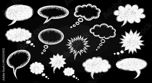 A collection of various chalk-drawn speech and thought bubbles on a black chalkboard background.