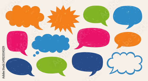A collection of colorful, hand-drawn speech bubbles in various shapes and sizes, isolated on a light background.