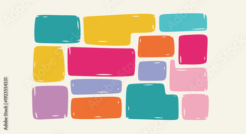 A vibrant collection of colorful, rounded rectangular shapes arranged in a playful, abstract pattern.