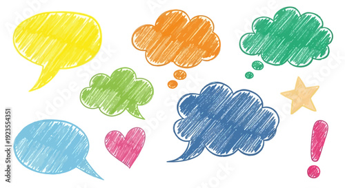 A collection of colorful, hand-drawn speech and thought bubbles with a heart, star, and exclamation mark.