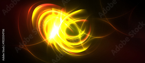 Bright energy swirls, vibrant yellow glows radiate from central point. Dark background emphasizes luminous curves, creating dynamic effect.