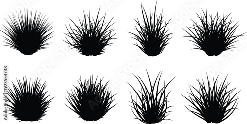 Collection of eight isolated black silhouette graphic icons depicting various stylized clumps of sharp ornamental grass tufts against a white background