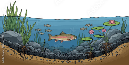 Trout Underwater Isolated on Transparent Background Flat 2D Vector