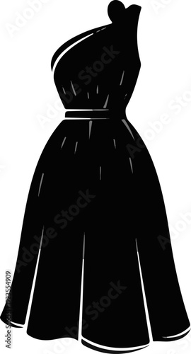A black one-shoulder dress with a cinched waist and flared skirt