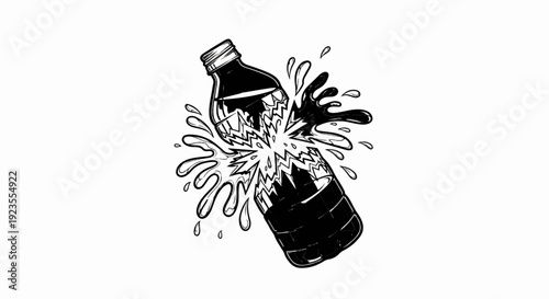 A black liquid explodes out of a cracked plastic bottle with splashes