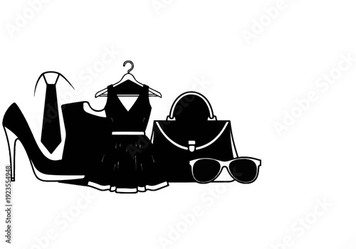 A black high heel shoe, tie, dress, handbag, and sunglasses are artfully arranged