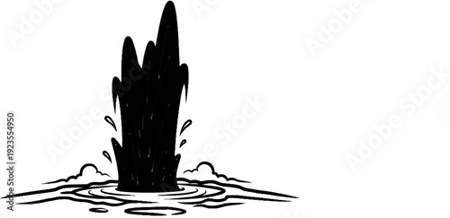 A black ink drawing of a geyser erupting in stylized water