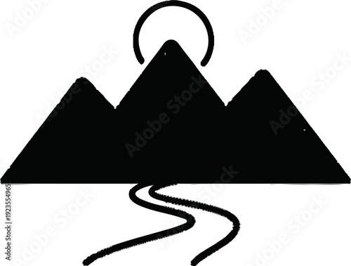 A black graphic of three mountains with a sun partly behind the central peak, and a river