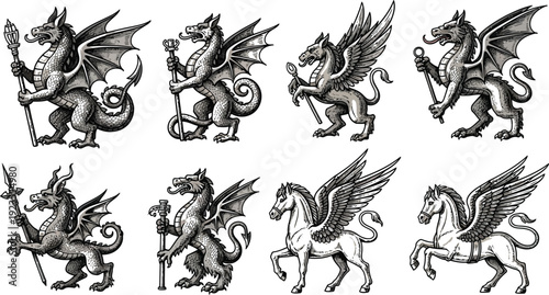 Collection of vintage style heraldic beasts featuring rampant dragons and winged horses drawn in detailed monochromatic engraving style