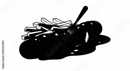 A black gooey substance covers a sausage and fries with a fork
