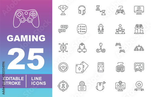 Esports Management & Community Icons. Editable stroke icons for UI. Featuring pro players, team brackets, gaming gear, server racks, and tournament trophies for mobile and web apps.