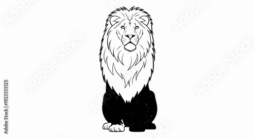 A black and white stylized illustration of a lion with a full mane