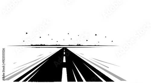 A black asphalt road with white lines receding into the distance under a sky with stylized clouds