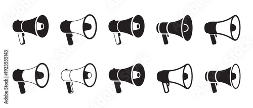 Megaphone Icons Set. for Public Announcement and Marketing Communication. Black and White Vector Graphics.