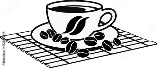 A black and white stylized illustration of a coffee cup with beans on a grid