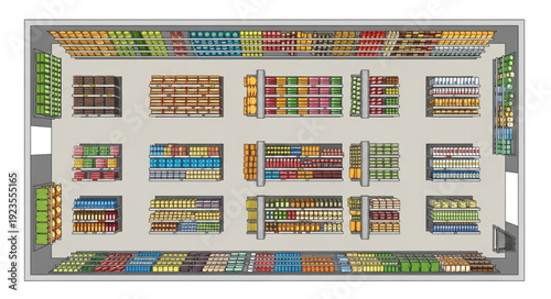 Overhead view of a well-stocked supermarket with various product displays and aisles.