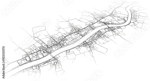 A black and white, stylized aerial view of a winding river through a dense settlement