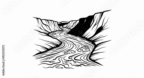A black and white sketch of a winding river flowing through steep, rocky canyon walls
