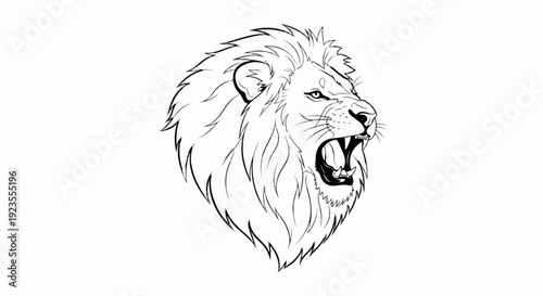 A black and white sketch of a roaring lion's head with a flowing mane