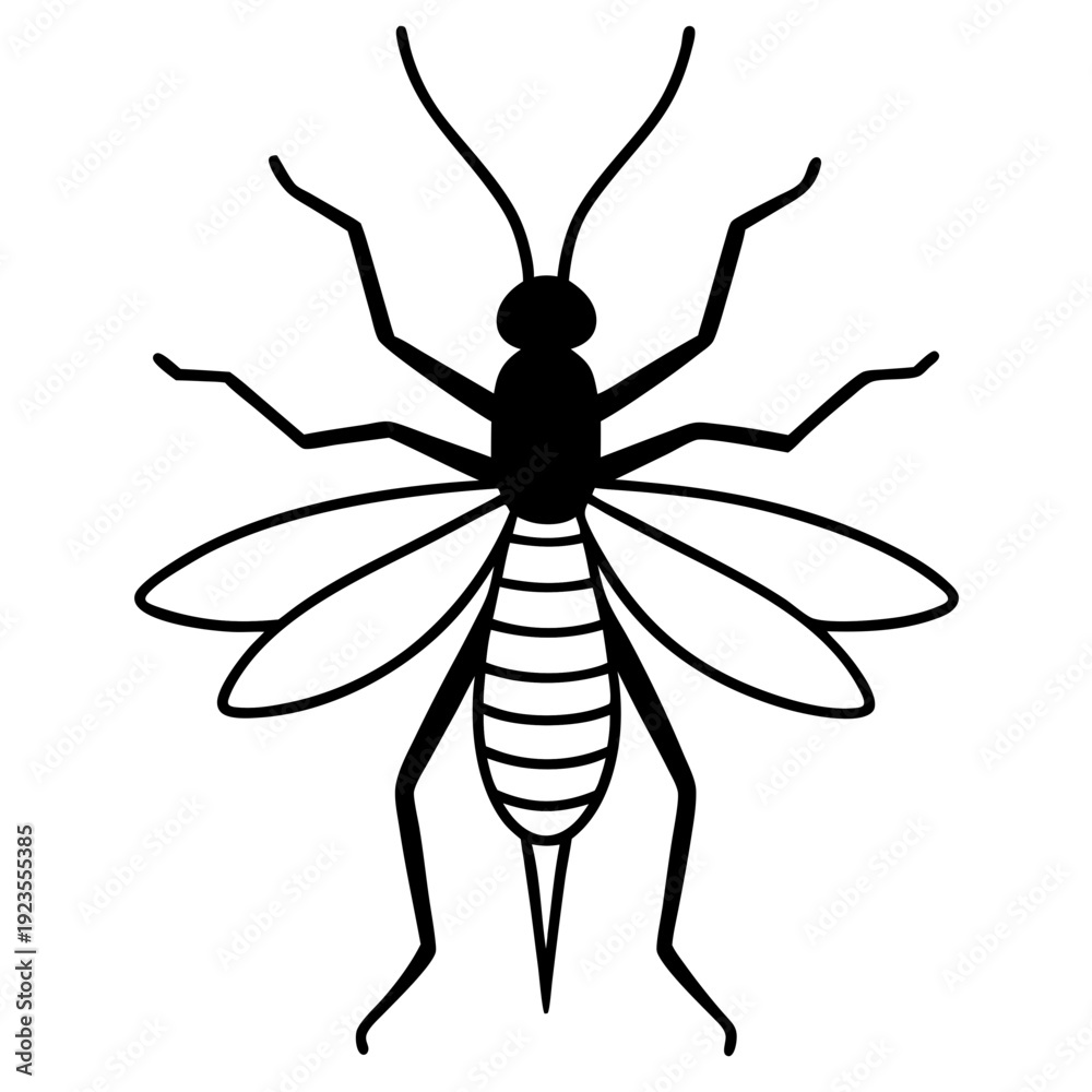 Fototapeta premium Stylized white outline icon of a flying bee with prominent wings and striped body